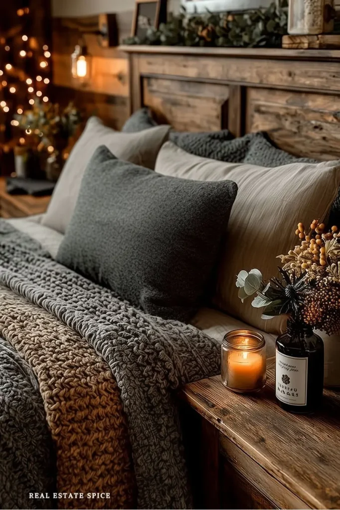 cozy bedroom with slate and cool tone colors