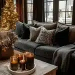 cozy christmas decorated living room with candles and christmas tree