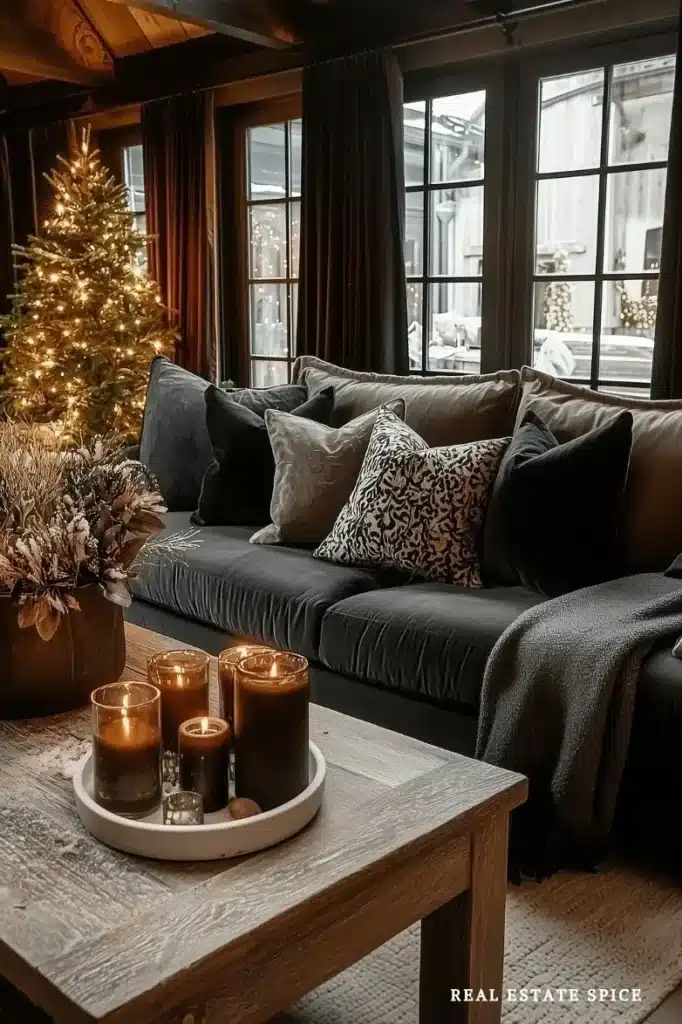 cozy christmas decorated living room with candles and christmas tree