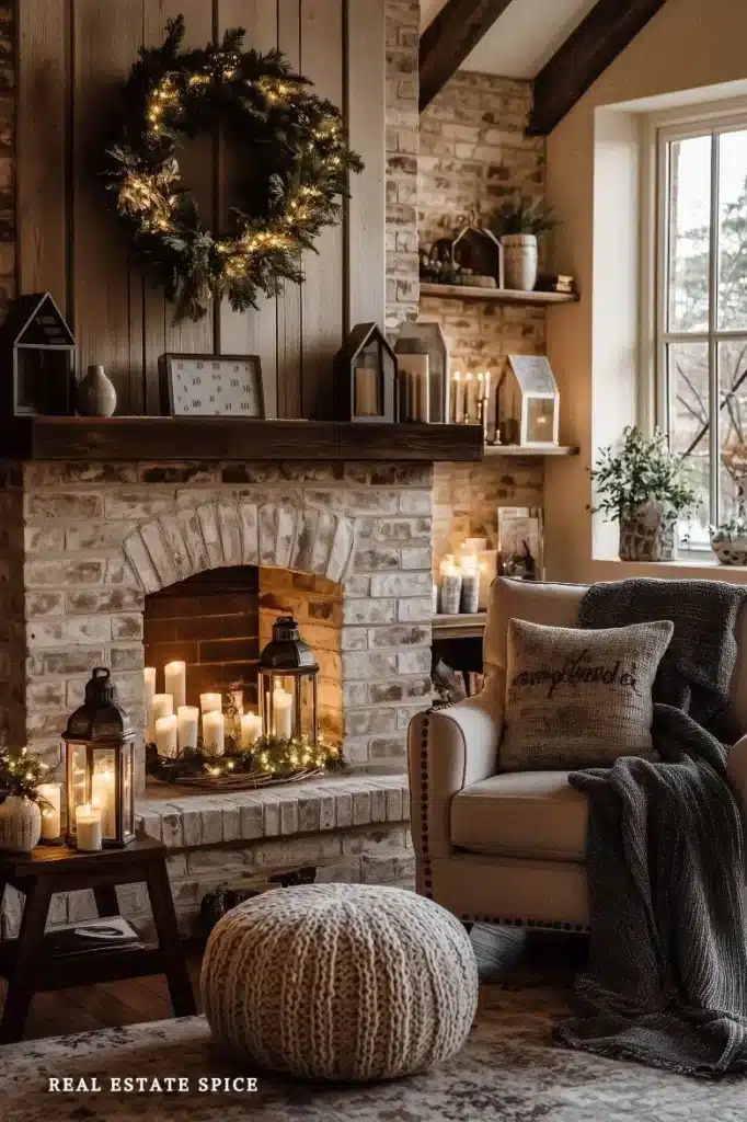 cozy christmas living room with candles and wreath above mantel
