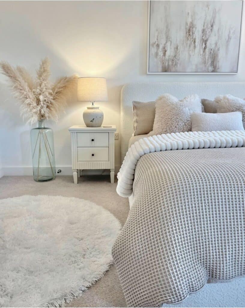 cozy corner in bedroom with small area rug small table lamp and pampas grass decor in vase