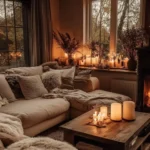 cozy earthy living room with wood furniture candles