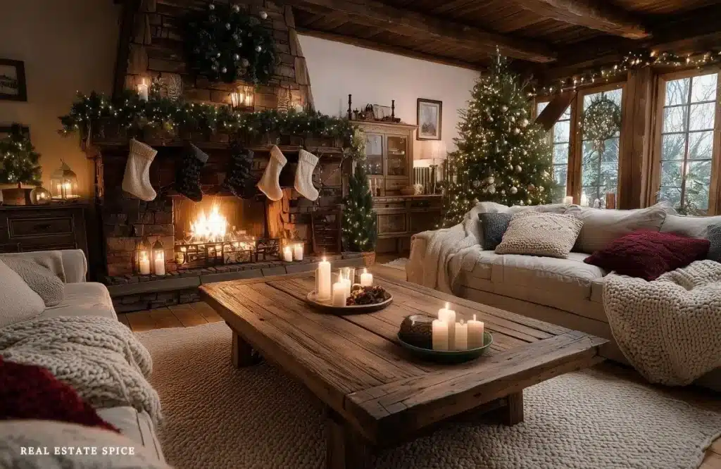 cozy living room decorated for christmas sofas facing each other