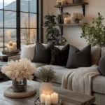 cozy living room with grey sectional throw pillows textured blanket on sectional floating wall shelves with candles and home decor