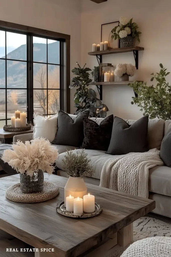 cozy living room with grey sectional throw pillows textured blanket on sectional floating wall shelves with candles and home decor