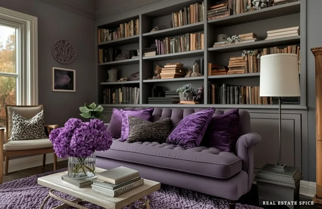 cozy living room with velvet sofa lavender throw pillows bookshelves on wall