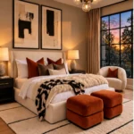 Cozy luxury bedroom at sunset with a cream upholstered bed, layered faux-fur bedding, rust velvet ottomans, and a modern glass globe chandelier.