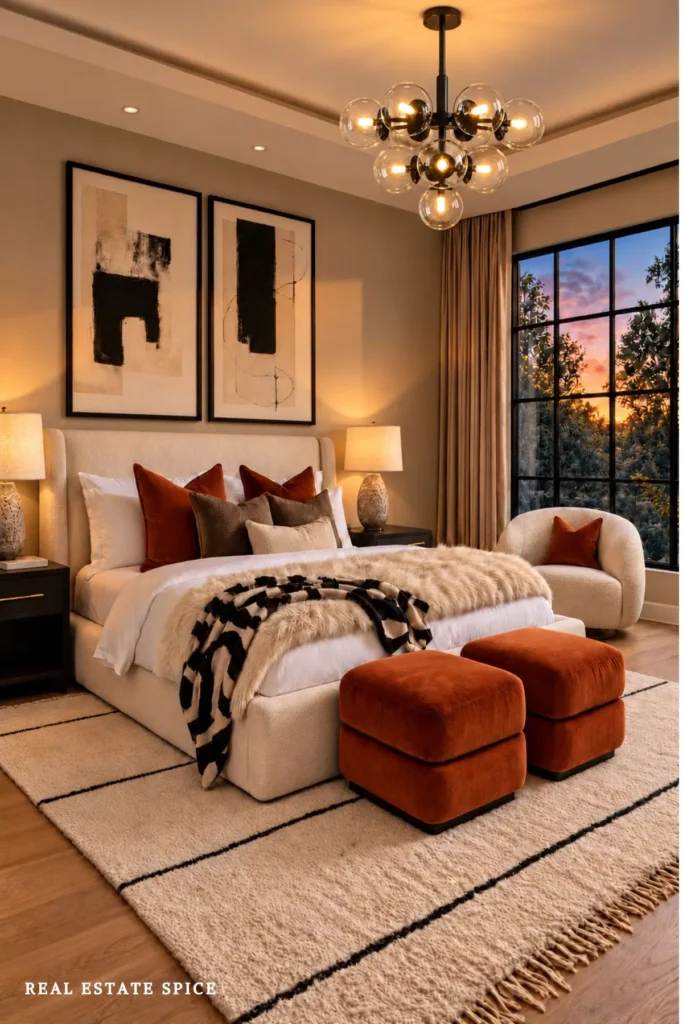 Cozy luxury bedroom at sunset with a cream upholstered bed, layered faux-fur bedding, rust velvet ottomans, and a modern glass globe chandelier.