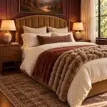 Cozy luxury bedroom with a camel channel headboard, cream bedding, rust velvet coverlet, taupe faux-fur throw, and glowing landscape art.