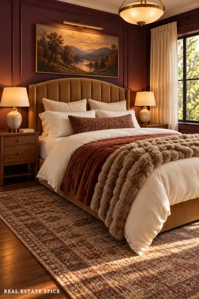 Cozy luxury bedroom with a camel channel headboard, cream bedding, rust velvet coverlet, taupe faux-fur throw, and glowing landscape art.