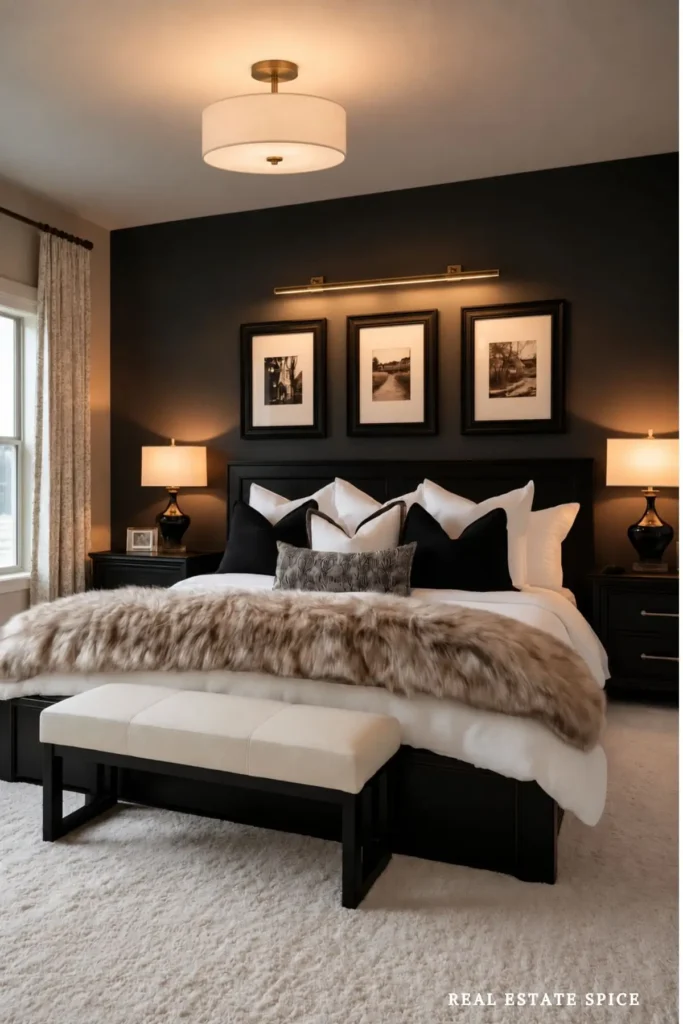 cozy luxury bedroom with black accent wall luxury cozy bedding