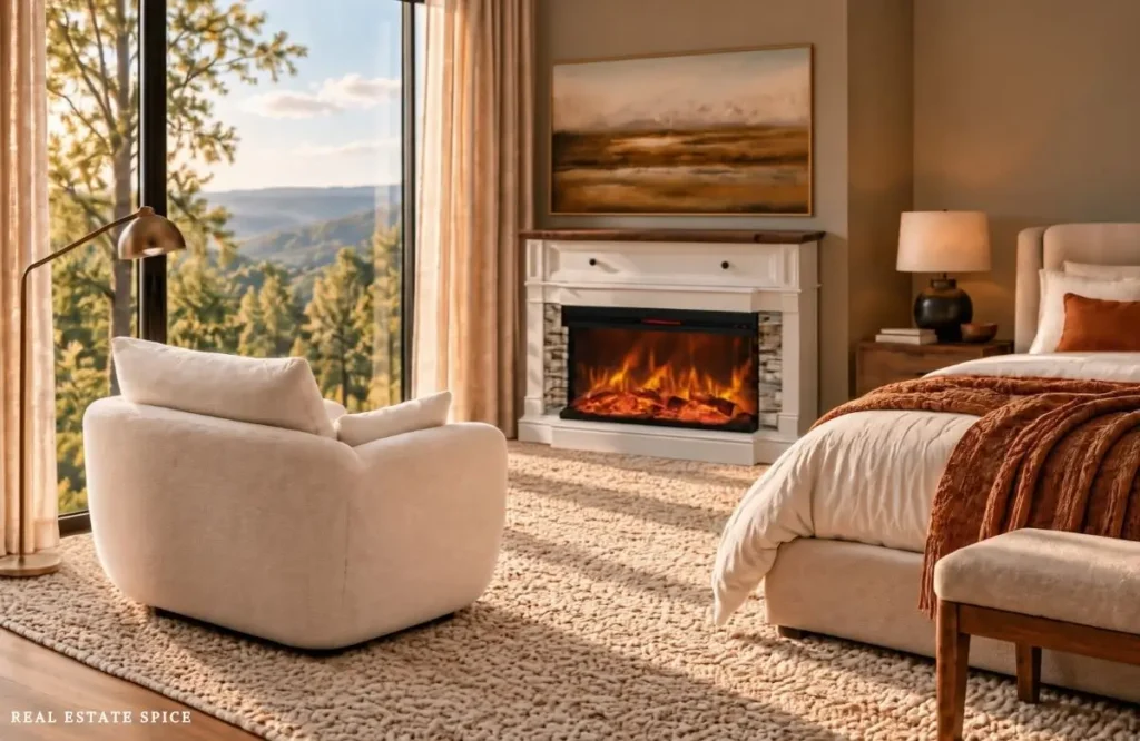Cozy luxury bedroom with a cream swivel chair facing the window, a white electric fireplace, an upholstered bed, and a large textured area rug.