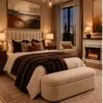 cozy luxury bedroom with luxury bedding statement ceiling light curtains upholstered headboard storage bench electric fireplace