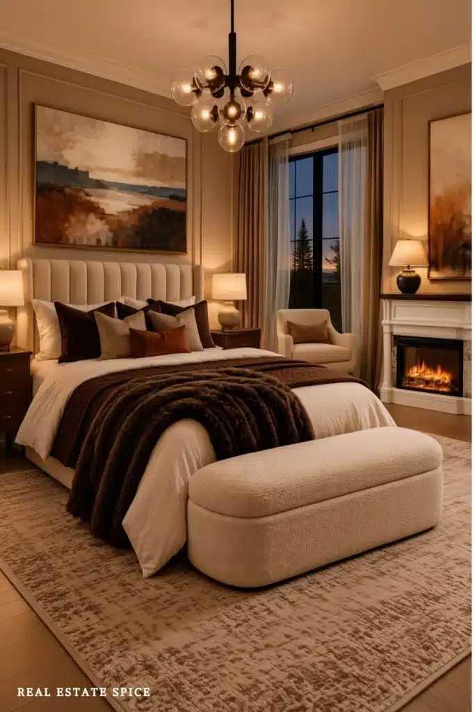 Cozy luxury bedroom at twilight with a cream upholstered bed, layered brown bedding, a globe chandelier, reading chair, storage bench, and electric fireplace.