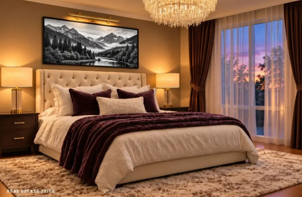 cozy luxury bedroom with a cream tufted bed, plum bedding, matching bedside lamps, black-and-white mountain art, a soft area rug, and sheer curtains framing a twilight view.