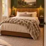 Small cozy luxury bedroom with a green accent wall, camel upholstered bed, brown bubble faux fur throw, brass sconces, picture light, and statement ceiling light.