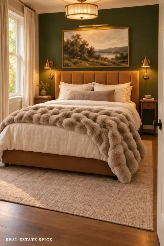 Small cozy luxury bedroom with a green accent wall, camel upholstered bed, brown bubble faux fur throw, brass sconces, picture light, and statement ceiling light.