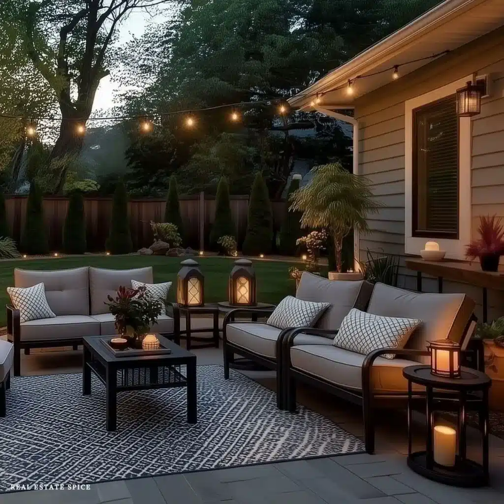 cozy patio with string lights lanterns patio furniture outdoor rug outdoor coffee table