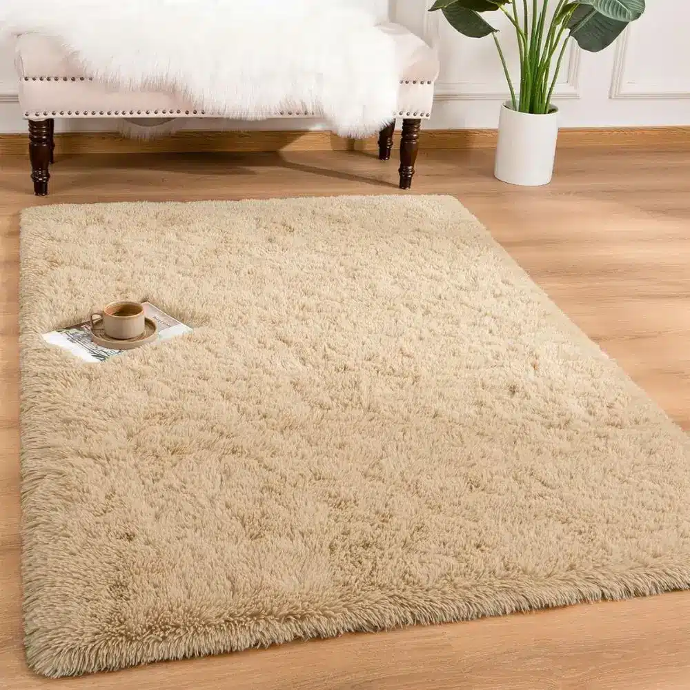 cozy soft rug in front of chair light beige