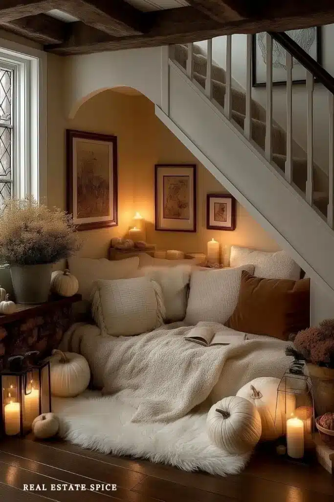 cozy under the stairs nook decorated for fall