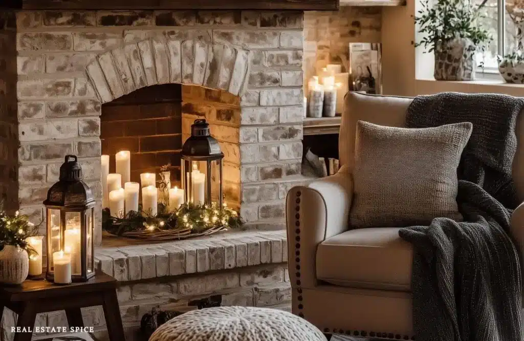 cozy winter living room with chair throw blanket on chair candles