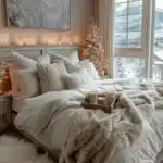 cream and white bedroom decorated for winter