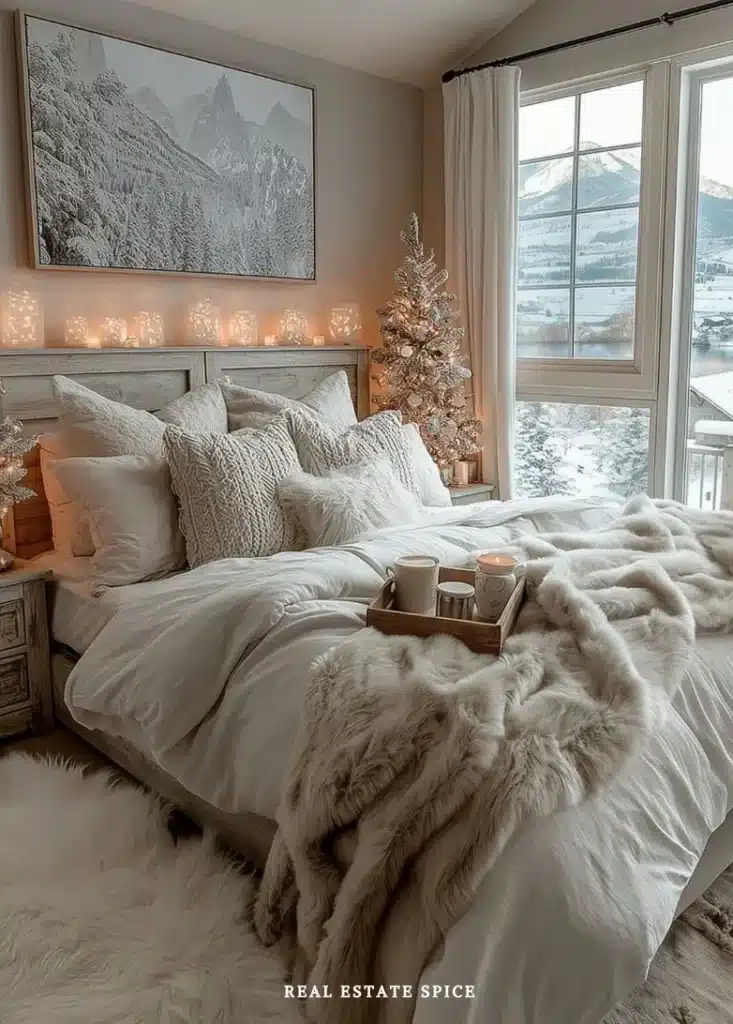 cream and white bedroom decorated for winter
