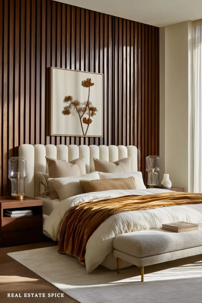 Cream upholstered bed with layered bedding, walnut nightstands, glass lamps, a wood slat wall, and a cushioned bench