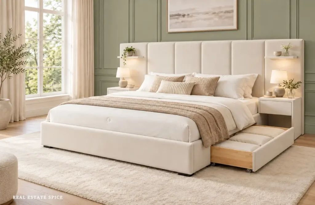 Bedroom with a cream upholstered storage bed, an open side drawer holding pillows, sage green paneled wall behind bed, and a soft cream rug.