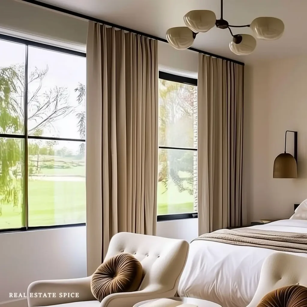 floor to ceiling curtains flanking windows in neutral bedroom