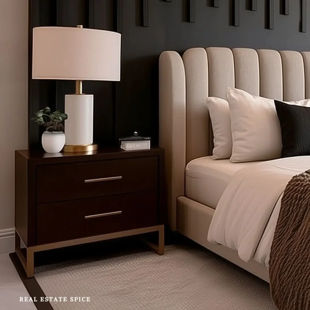 Dark wood two-drawer nightstand beside a beige channel-tufted bed with a white table lamp