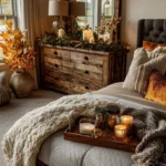 decorated fall bedroom with layered bedding fall decor