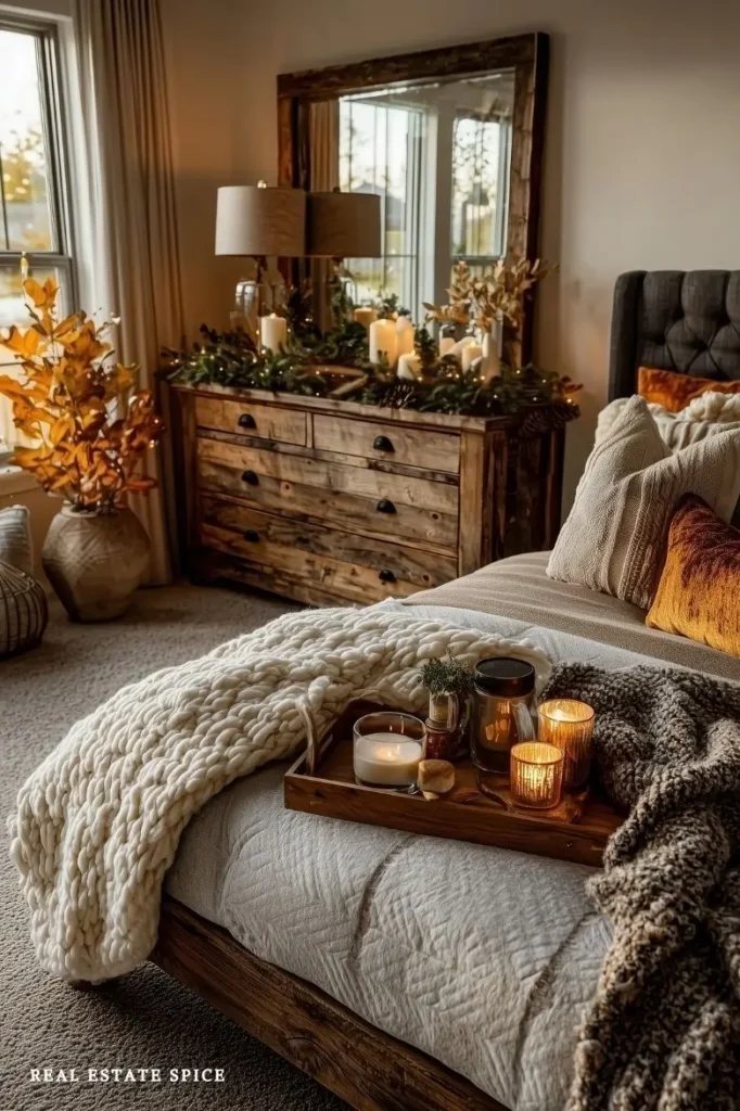 decorated fall bedroom with layered bedding fall decor