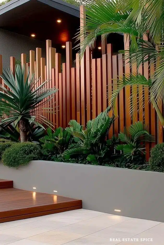 different sized wood slates used for privacy fence at house