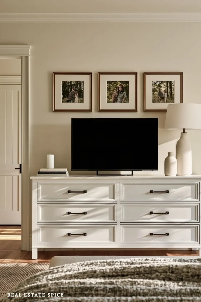 dresser across from bed in small bedroom