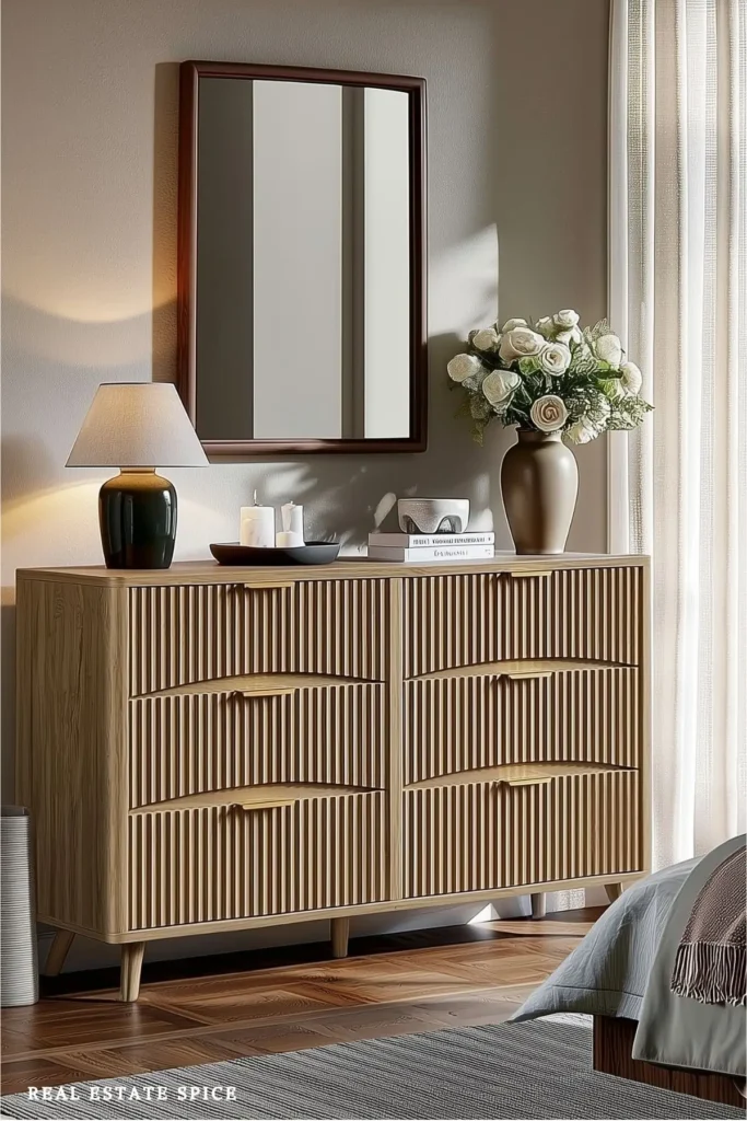 dresser with mirror above it across from bed