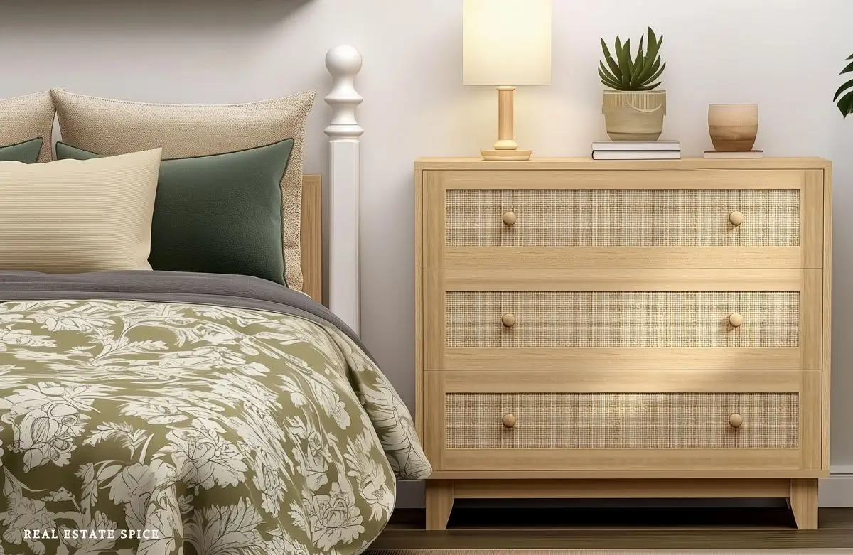 3 drawer dresser next to bed in small bedroom