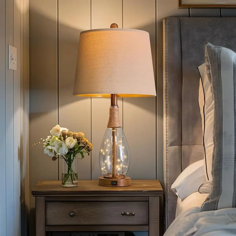 duel light bedside lamp with string lights