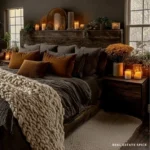 fall bedroom decorated cozy with candles layered bedding