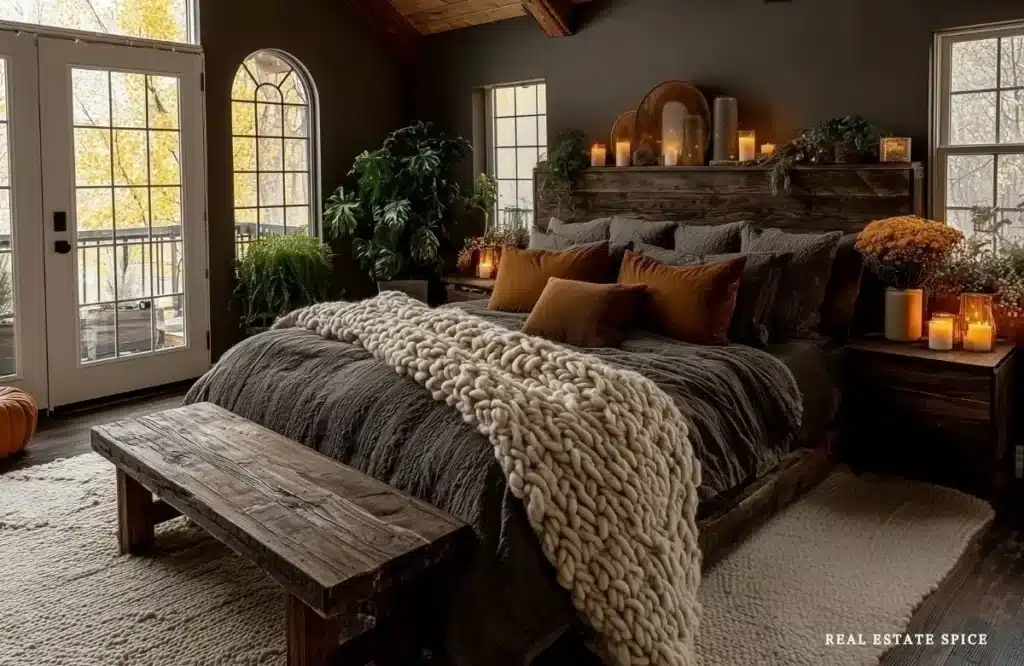 fall bedroom with layered bedding cozy elements candles