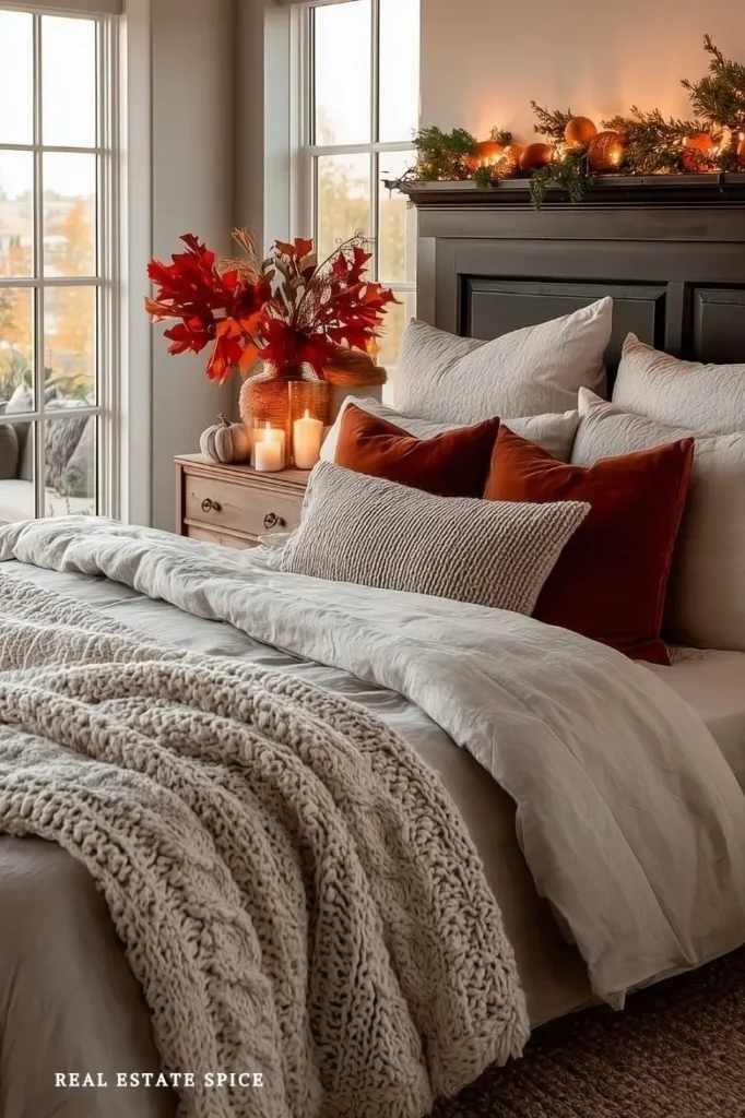 fall bedroom with maple branches in vase on nightstand