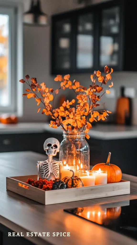 fall decor on tray with small skeleton figure candles small pumpkin copyright Real Estate Spice