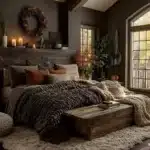 fall decorated bedroom with burnt orange pillows fall decor fall wreath above bed cream and brown accent colors