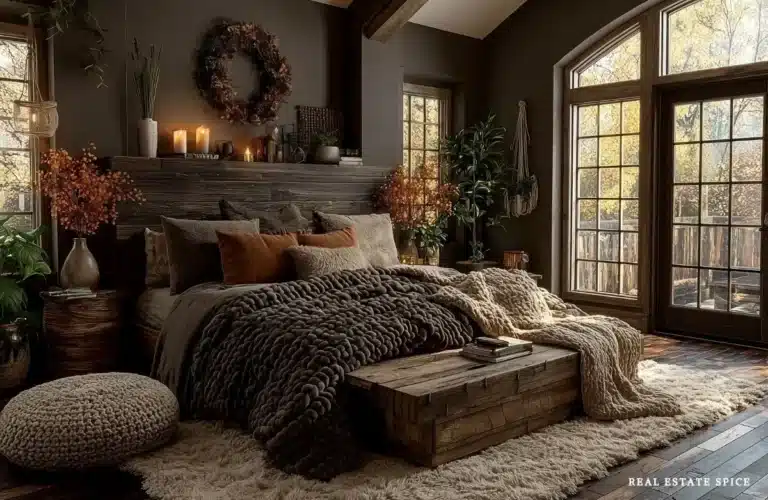 fall decorated bedroom with burnt orange pillows fall decor fall wreath above bed cream and brown accent colors