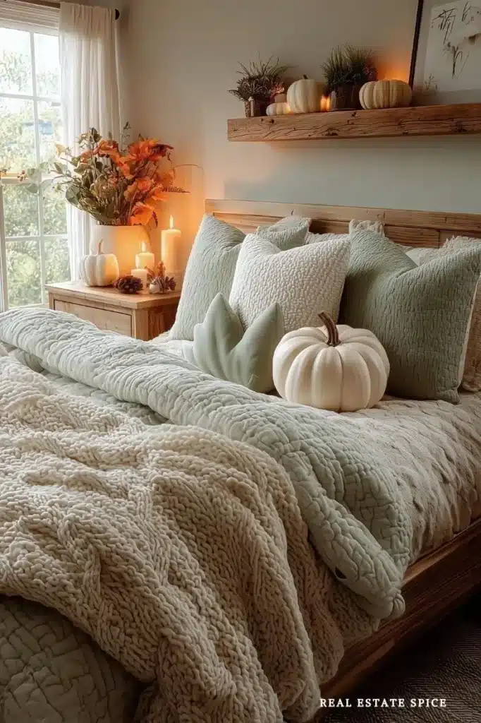 fall decorated bedroom with cream and mint green bedding wood accents pumpkin decor and candles fall bedroom