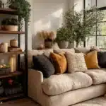 fall decorated living room with bookshelf with fall decor on it