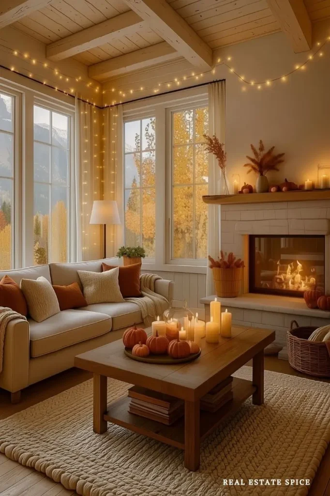 fall decorated living room with candles pumpkins string lights orange accent colors fall decor