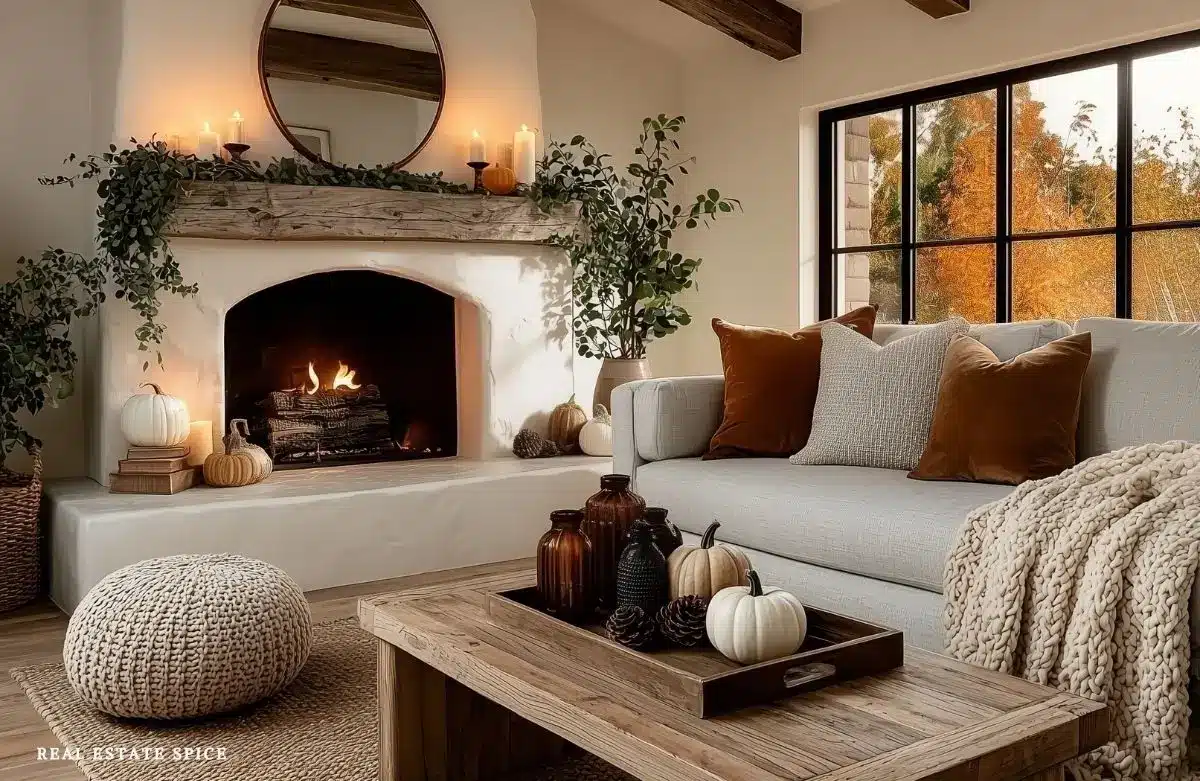 fall decorated living room with pumpkins gourds fall colors