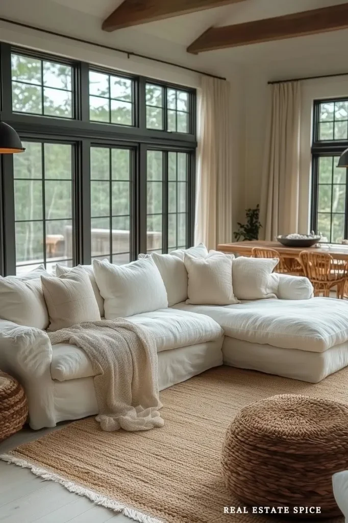 farmhouse living room with cream and neutral colors wood exposed beams