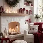 farmhouse style living room decorated for christmas white and red with candles wreath